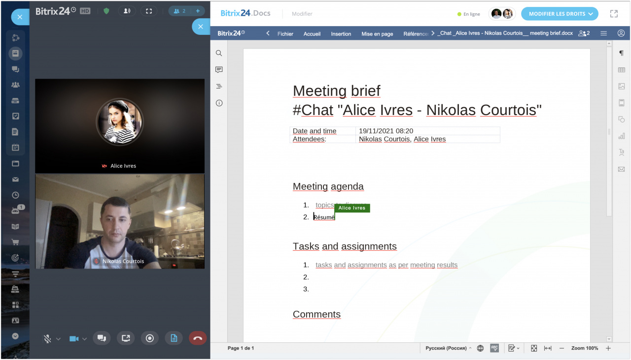 Résumé de la réunion et création de documents dans les appels vidéo Bitrix24